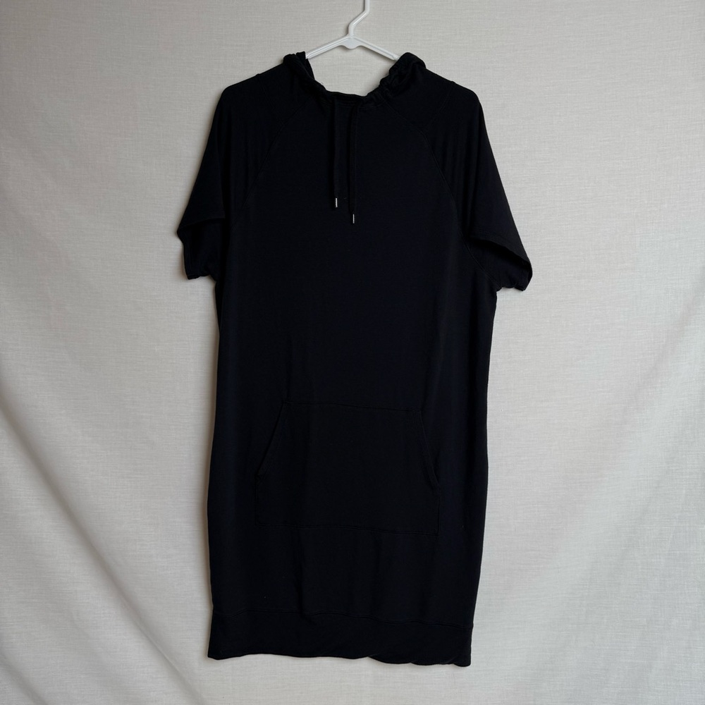 Athleta Black Hoodie Dress L | Short Sleeve Kangaroo Pocket Casual Tunic